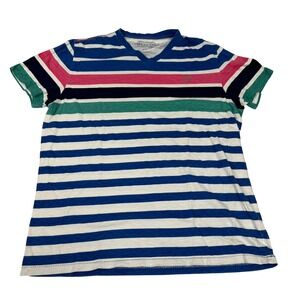 American Eagle Outfitters Mens‎ XL V-Neck Striped T-Shirt Blue Pink White Cotton